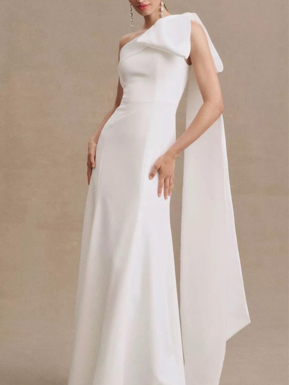 Jenny Yoo White One-Shoulder Gown with Draped Bow Sash